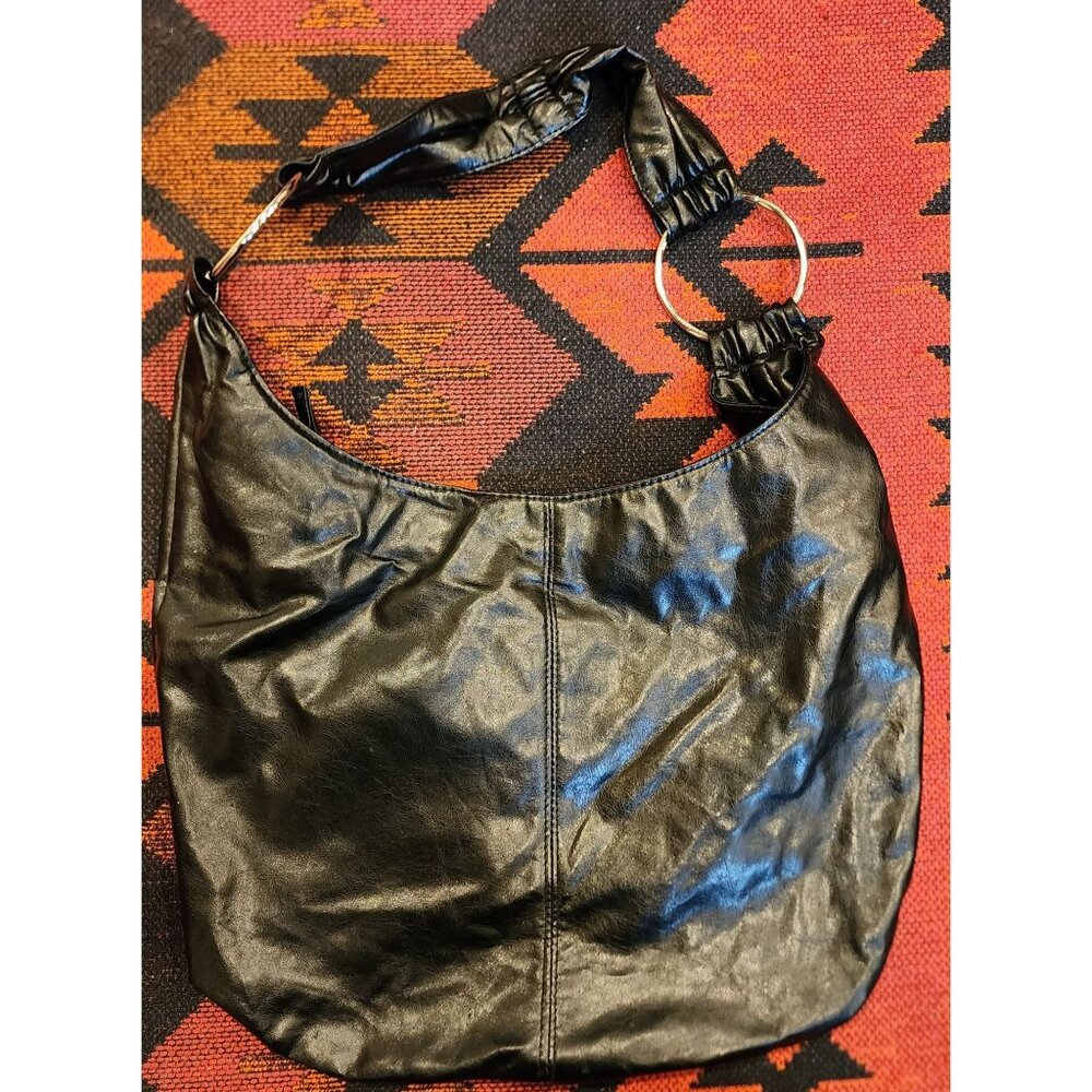 Black Faux Leather Shoulder Bag With Silver Rings & Scrunched Strap Design